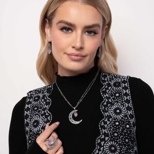 Elegant Silver and Purple Moon Pendant Necklace Set With Matching Ring
